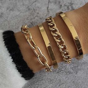 SISSLIA 4 Pcs/Set Gelang Rantai Tebal untuk Wanita Gelang Vintage Cinta Emas Hitam Perak Warna Gelang Perhiasan Punk Grosir