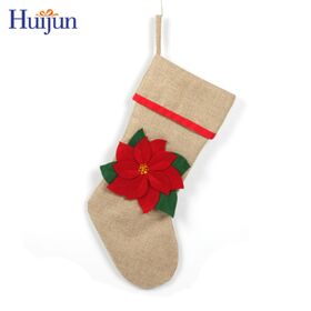 Wholesale 20" Natural Jute Christmas Stocking with Poinsettia for Holiday Decoration