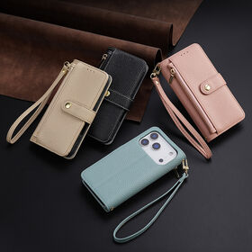 Umhängetaschen-Portemonnaie-Hülle für iPhone 17 Pro Max, schützende Leder-Reißverschluss-Tasche, S26 Ultra Flip-Hülle, Kartenhalter mit Handgelenksschlaufe für Damen