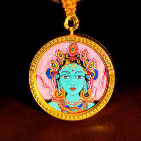 Kalung Perhiasan Seni Rakyat Tiongkok Tibet Buddha Thangka Tara Hijau Dekorasi Tangan 4cm Hadiah
