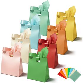 Paper Gift Bags with Ribbon Handles: 8 Pack Small Gift Bags, 8 Assorted Colors Bulk with 16 Tissue Paper, Reusable & Durable