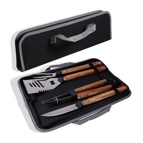 Set Moderno de Accesorios para Barbacoa de Exterior, Acero Inoxidable con Mango de Madera, Utensilios para BBQ Resistentes al Calor
