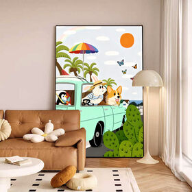 Cute Corgi Dog Summer Travel Wall Art Cartoon Animal Canvas Print Modern Kids Room Living Room Bedroom Pet Lover Home Decor