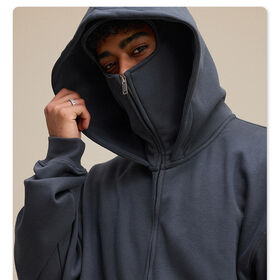 Wholesale Oversize Double Layer Fleece Hoodie Zip Jacket with Face Cover Windproof Streetwear