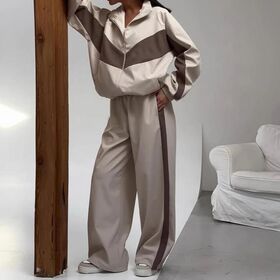 Ensemble de sport pour femmes: Cardigan tendance à fermeture éclair, manches longues, blocs de couleur, pantalon long
