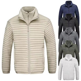 Men's Casual Winter Jacket Solid Color Zipper Closure Double Stand-Up Collar Fill Cotton Windproof Warm Coat Down Jackets