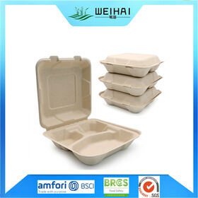 Caja de pan desechable, contenedor de alimentos, tapa abatible de bagazo biodegradable con tres compartimentos, ecológico