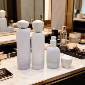 Premium Frosted Glass Bottles & Jars with Pump/Spray & White Caps, Crackle Pattern for Cosmetics, Cream, Lotion, Serum, 120/100/30