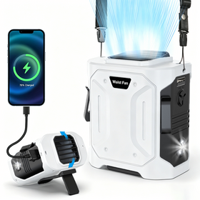 Tragbarer Taillenlüfter mit 8000mAh Powerbank für Outdoor-Reisen - Wiederaufladbarer Clip-On-Gürtellüfter (Weiß)