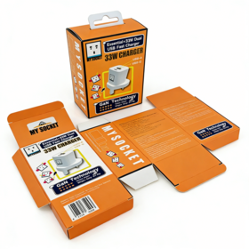 Maßgeschneiderte Verpackungsbox für USB-Funk-Wandladegerät, Elektronikzubehör, faltbare Einzelhandelsbox für Netzteil mit Aufhänger