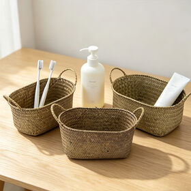 Natural Craft Seagrass Belly Basket for Storage, Hand-woven seagrass basket with handles, Artificial grass woven storage basket
