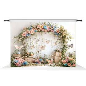 قوس زهور الربيع بفراشات - خلفية تصوير لحفلات أعياد الميلاد، وحفلات استقبال المولود، واستوديو الصور