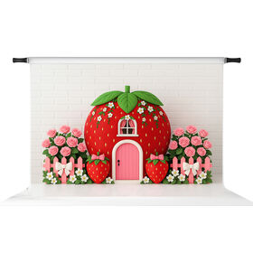 Kate Cake Smash Morango Casa Fundo Fotográfico Floral para Aniversário de Bebê e Montagem de Estúdio Infantil