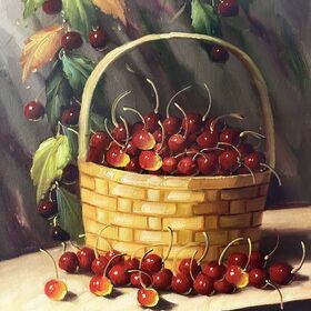 Zhang Guohong - Festín de Cerezas | Pintura al Óleo Realista Pintada a Mano de Naturaleza Muerta de 40x50cm, Arte de Pared para Comedor del Hogar (Solo Lienzo)