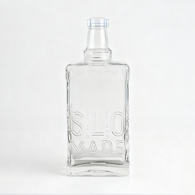 750m Embossed Text Square Glass Bottle with Cork for Whisky Vodka Spirits