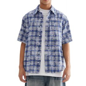 Casual azul retro xadrez camisa solta ajuste curto manga solta camisa dos homens gumes