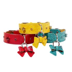 Collar de Lujo para Perro de Cuero Genuino con Pajarita y Diamantes - Collar de Calidad para Gato a Todo Color Personalizable - Suministro para Mascotas para Perros y Gatos