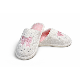 Zapatillas de casa para mujer Zapatillas cómodas de dormitorio Soft Coral Fleece Upper Bow Zapatillas bordadas