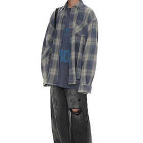 Spring Autumn New Retro Loose Checkered Shirt Cotton Long Sleeve Horn Button Blue Plaid Oversized Shirt