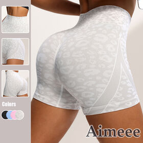 Pakaian Yoga Activewear Wanita Motif Leopard, Celana Pendek Gym Pinggang Tinggi Scrunch Bum