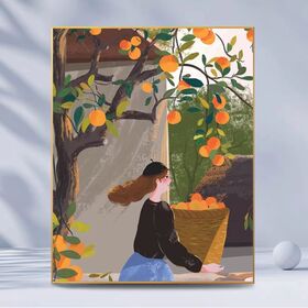 Lienzo Decorativo para Pared Estilo Granja "Naranjal Vibrante" - Tonos Neutros Naranja y Verde para Salón o Dormitorio