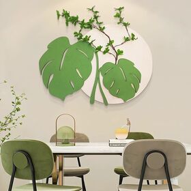 Decoración de Pared Monstera Verde, Fondo Circular Texturizado, Arte Minimalista de Plantas Wabi Sabi, Decoración Beige Neutra para Sala de Estar y Cocina