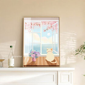 Impression sur toile d'art mural pour chat, vue sur l'océan, fleurs de cerisier, fenêtre, style fantaisiste, tons pastel bleu, rose, neutre, décoration d'intérieur pour salon