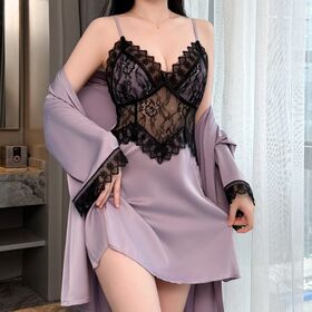 CHEAP Lace sexy nightgown with chest cushion and floral vine skin penetrating waist lace hollow suspender nightgown