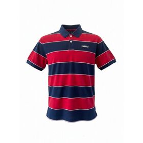 Men's Red and Blue Stripe Polo Shirt in Jersey Fabric | Contrast White Trim on Collar & Cuffs, Custom Chest Logo Printing