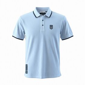 Polo Homme avec Bordure Contrastée, Bleu Clair, Manches Courtes, Tissu Piqué, Anti-Boulochage, Anti-Rétrécissement, Décontracté