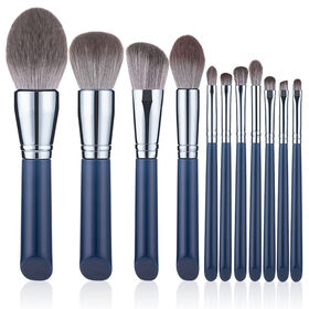 Mango de madera vegano personalizado maquillaje cepillos 11 unids fibra sintética azul maquillaje cepillos conjunto