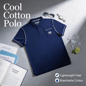 Sustainable Navy Blue Polo Shirt Organic Cotton Blend with Contrast White Piping Regular Fit Casual Wear