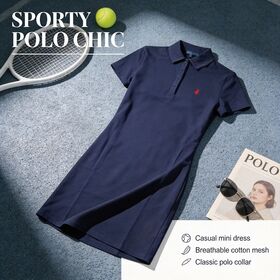 Elegante azul marino pique vestido casual para las mujeres manga corta slim fit con rojo pony logo bscaditado