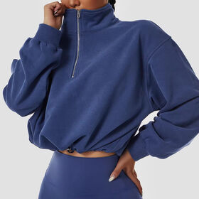Hoodie Pullover Leher Tinggi Wanita untuk Kebugaran Luar Ruangan & Lari Musim Dingin, Ritsleting, Lengan Panjang dengan Tali Serut, Fit Longgar