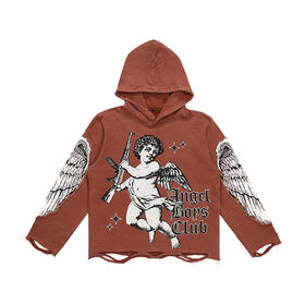 Accept Custom Logo Oversized Distressed Acid Washed Terry Hoodie Raw Hem Cropped Hoodies With Cut Bottom Vintage Men Hoodies