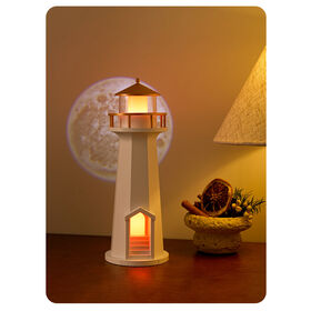Lighthouse Shaped LED Night Light Projector Moon Pattern Warm Glow Nautical Style Home Decor Bedroom Desk Ambient Lamp
