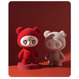 Two Cute Flocked Bear Figurines Red and Pink Tones Kawaii Style Modern Home Decor Living Room Desk Collectible Ornament Set