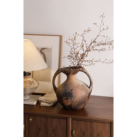 Wabi Sabi Ceramic Vase with Two Handles Rustic Brown Black Gradient Finish Vintage Style Home Decor Dried Flower Arrangement