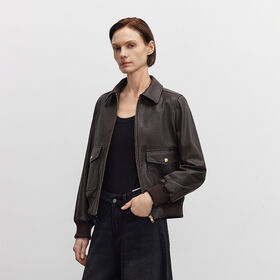 Women's Brown Genuine Sheepskin Leather Point Collar Gold Button Pocket Bomber Jacket