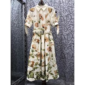 100%Cotton Dress 2026 Summer Designer Fashion Women Turn-down Collar Elegant Floral Print Short Sleeve Mid-Calf Dress luxury