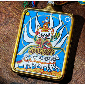 HandPainted Nine-Tailed Fox & Horses Thangka Pendant 3.5x4.5cm Square Brass Case Cute Chinese-style Folk Spiritual Amulet Necklace