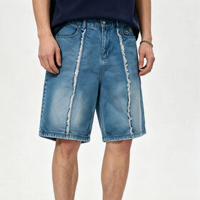 Custom Oriental Embroidery Men's Denim Shorts Jeans, Low MOQ Frayed Seam Vintage Washed, Streetwear, Small Batch