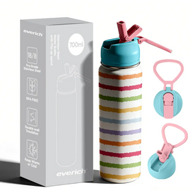 Everich 700ml Stainless Steel Water Bottle Leak-Proof Insulated Vacuum Flask with Handle and Protective Cover Lid Flip up Spout