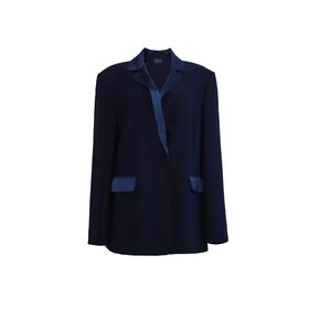 Premium Tailored Midnight Navy Satin-Trim Mulheres Suit Blazer com Single Breast Lapel Collar para Desgaste Formal