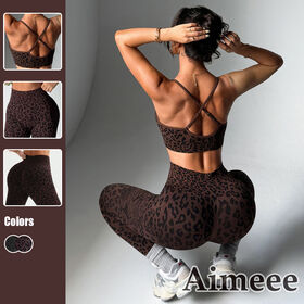 Set Pakaian Olahraga Wanita Dua Potong Pakaian Yoga Gym Motif Leopard