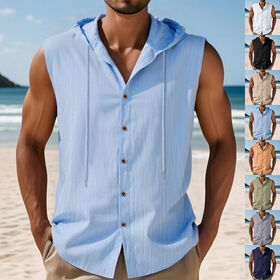 Men's fishing shirts Men's Summer Linen Shirt Casual Thin Hooded Vest Sleeveless Shirt