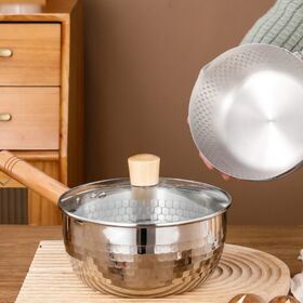 Stainless Steel Japanese Pan, Wooden Handle Flat Bottom, Household Baby Food Pot, Hammered Texture Mini Pot for Instant
