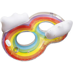 Aufblasbare Doppel-Pool-Lounge mit Rückenlehne im Regenbogen-Design, verdicktes PVC-Schwimmbett für Wasserspiele im Freien, Schwimmring