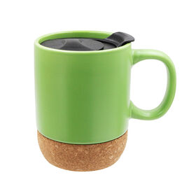 Customized 400ml Stoneware Color Glazed Cup by Anti-Heat Cork Cushion FSC Certified Straight Round Ceramic Mug with Lid LFGB Pass