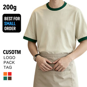Retro Em Branco Customizável 200g Algodão Manga Curta Tripulação Pescoço Cor Bloco T-Shirt Avental Set para Servidor